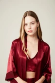 Saten Büstiyer Sabahlık Pantolon Felicia 3'lü Takım Bordo - 3