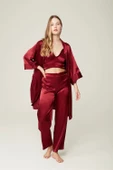 Saten Büstiyer Sabahlık Pantolon Felicia 3'lü Takım Bordo - 1
