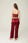 Saten Büstiyer Sabahlık Pantolon Felicia 3'lü Takım Bordo - 4