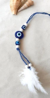 Mavi Kuş Tüylü Nazar Boncuklu Dikiz Ayna Süsü Kötü Göz Kovucu Araba Süsü thumbnail 2