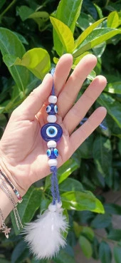 Mavi Kuş Tüylü Nazar Boncuklu Dikiz Ayna Süsü Kötü Göz Kovucu Araba Süsü thumbnail 3