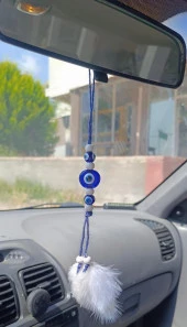 Mavi Kuş Tüylü Nazar Boncuklu Dikiz Ayna Süsü Kötü Göz Kovucu Araba Süsü thumbnail 4