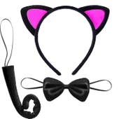 Kedi Kulak Taç Kuyruk ve Papyon 3 lü Set Çocuk Boy Fuşya Renk thumbnail 1