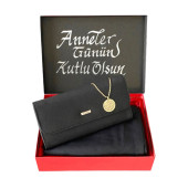 Anneler Günü Siyah Penye Şal Carlino Cüzdan Kolye - 1