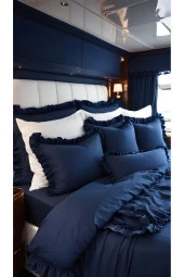 Vintage Fırfırlı Çift Kişilik Nevresim Takımı - Indigo Mavi thumbnail 1