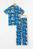 İndigo Dinozor Baskılı Düğmeli Erkek Çocuk Kısa Kol Pijama Takımı 18692 - 4