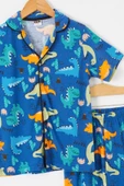 İndigo Dinozor Baskılı Düğmeli Erkek Çocuk Kısa Kol Pijama Takımı 18692 - 2