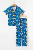 İndigo Dinozor Baskılı Düğmeli Erkek Çocuk Kısa Kol Pijama Takımı 18692 - 1