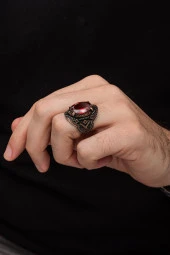 Oval Kırmızı Taşlı 925 Gümüş Erkek Yüzük - 5