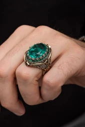 Yeşil Paraiba Taşlı Zorbey 925 Gümüş Erkek Yüzük - 2