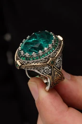 Yeşil Paraiba Taşlı Zorbey 925 Gümüş Erkek Yüzük - 3