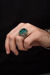 Yeşil Paraiba Taşlı Zorbey 925 Gümüş Erkek Yüzük - 4