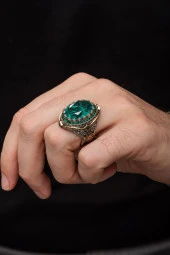 Yeşil Paraiba Taşlı Zorbey 925 Gümüş Erkek Yüzük - 5