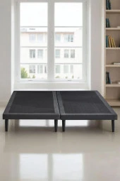 Niron Slim Karyola 140x190 Çift Kişilik Baza, Metal İskeletli Yüksek Ayaklı Koyu Gri Keten Kumaşlı - 2