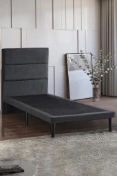 Niron Slim Baza ve Başlık Takımı 90x200 Tek Kişilik Gri Kumaş Kaplı Metal Karyola ve Başlık Seti - 1