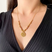 Altın Kaplama Pembe Nazar Boncuklu Yaşam Çiçeği Kadın Kolye KLY-458 thumbnail 2