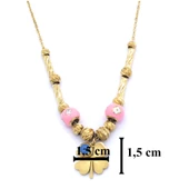 Altın Kaplama Pembe Boncuklu Yonca Kolye 45 cm KLY-452 - 4
