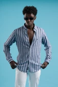 Dorss Kalın Çizgili Yaka Düğmeli Pamuklu ve Likralı Yazlık Gömlek thumbnail 3