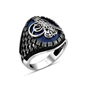 Tuğra Desenli Parlament Mavisi Taşlı Gümüş Erkek Yüzük - 6