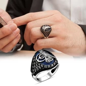 Tuğra Desenli Parlament Mavisi Taşlı Gümüş Erkek Yüzük - 3