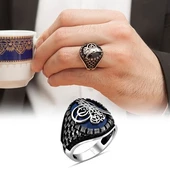 Tuğra Desenli Parlament Mavisi Taşlı Gümüş Erkek Yüzük - 10