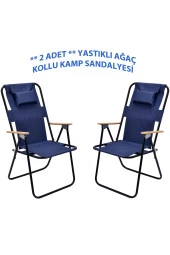 Exent 2' li Yastıklı yüksek sırtlı katlanır büyük boy kamp piknik sandalyesi, ağaç kollu-LACİVERT - 1