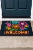 Valerine Life Neon Papatya Çiçekleri Kaymaz Tabanlı Hoş Geldiniz Welcome Kapı Önü Paspası 45x70cm thumbnail 1