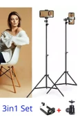 2.1 Metre Tripod – 3in1 360° Döner Başlıklı Telefon Tutucu, Ring Light ve Stüdyo Lamba Ayağı Stand - 1