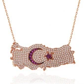 925 Ayar Gümüş Rose Ay Yıldız Türkiye Haritası Kadın Kolye - 3