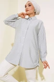 Yandan Büzgülü Çizgili Gömlek Gri thumbnail 1