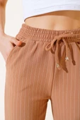Çizgili Bel Lastikli Pantolon Latte thumbnail 4