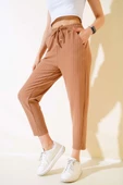 Çizgili Bel Lastikli Pantolon Latte thumbnail 2
