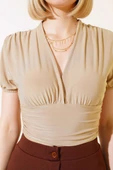 V Yaka Likralı Crop Bej thumbnail 4