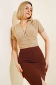 V Yaka Likralı Crop Bej thumbnail 2