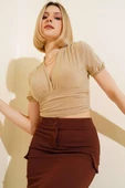 V Yaka Likralı Crop Bej thumbnail 1