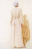 Taş Düğmeli Fırfırlı Elbise Bej thumbnail 3
