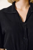 Kuşaklı Gömlek Yaka Kot Tulum Siyah - 4