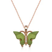 Gümüş Rose Yeşil Kaplangözü Taşlı Kelebek Kolye thumbnail 1