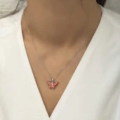 Gümüş Kırmızı Kaplangözü Taşlı Kelebek Kolye thumbnail 1