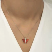 Gümüş Kırmızı Kaplangözü Taşlı Kelebek Kolye thumbnail 2