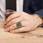 Yeşil Akik Taşlı Tuğra Desenli Gümüş Erkek Yüzük - 3