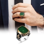 Yeşil Akik Taşlı Tuğra Desenli Gümüş Erkek Yüzük - 1