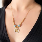 Altın Kaplama Hayat Ağacı Mavi Kadın Kolye KLY-449 thumbnail 2