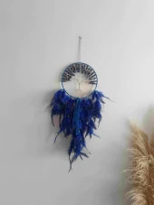 Düş Kapanı Tel Sarma İncili Hayat Ağacı Doğaltaş Kuş Tüylü Rüya Kapanı Duvar Süsü Mavi - 3