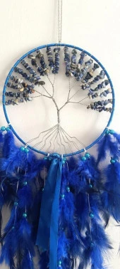Düş Kapanı Tel Sarma İncili Hayat Ağacı Doğaltaş Kuş Tüylü Rüya Kapanı Duvar Süsü Mavi - 4