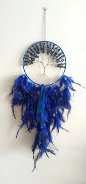 Düş Kapanı Tel Sarma İncili Hayat Ağacı Doğaltaş Kuş Tüylü Rüya Kapanı Duvar Süsü Mavi - 5