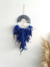 Düş Kapanı Tel Sarma İncili Hayat Ağacı Doğaltaş Kuş Tüylü Rüya Kapanı Duvar Süsü Mavi - 6