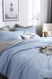 Çift Kişilik Ranforce Çift Taraflı Nevresim Seti - Çarşafsız Açık Mavi-Gri - 1