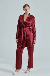 Bordo Saten Çeyiz Seti 6 Parça Dantelli Sabahlık Gecelik Pijama Şortlu Takım thumbnail 3