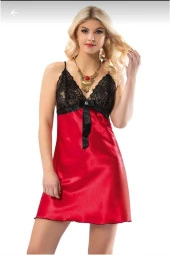Kadın Kırmızı Siyah 383 Dantelli Saten Gecelik thumbnail 2